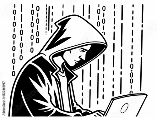 Minimalist Black And White Silhouette Icon Of A Hooded Hacke Vector