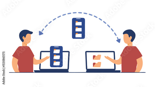 People transferring files between laptops and phone using cloud storage illustration