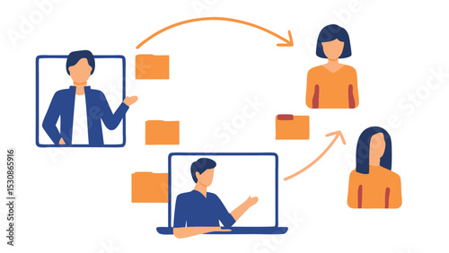 Illustration of people sharing files digitally through computers and cloud services online network