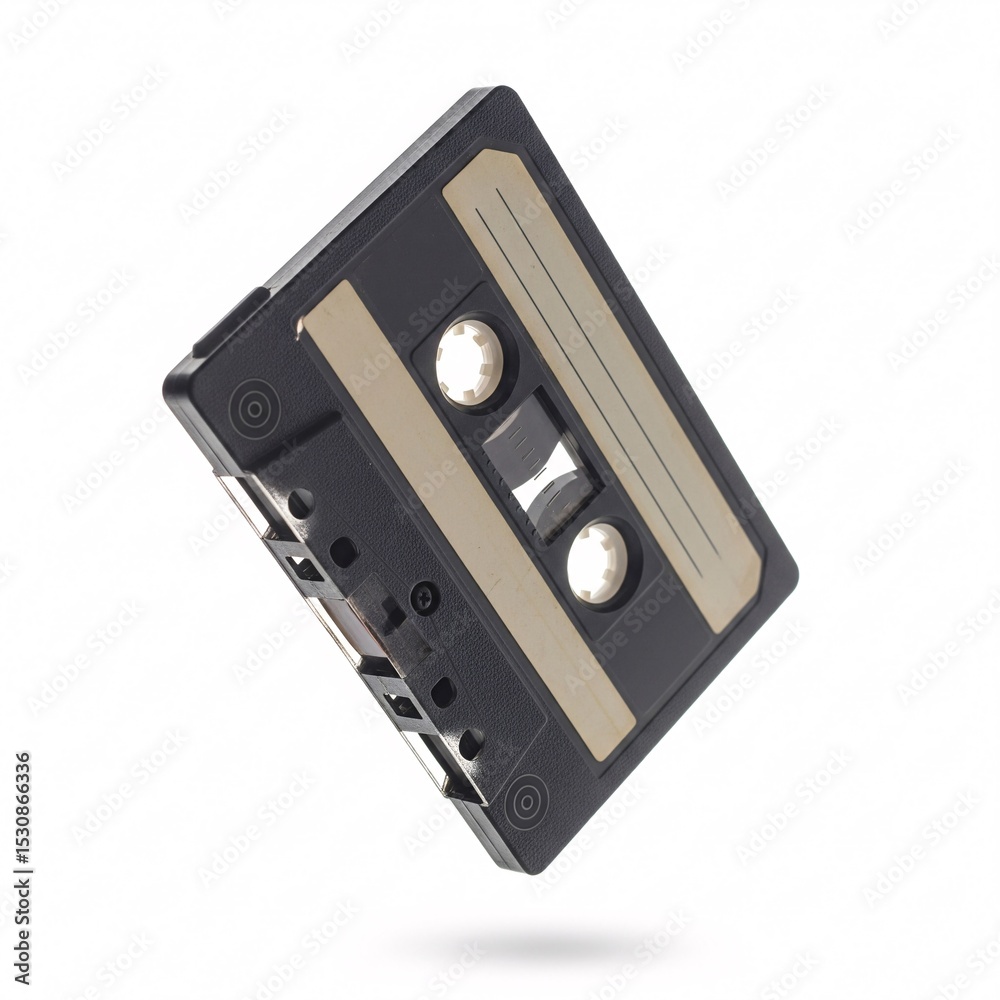 Obraz premium A black compact cassette with a blank label, elegantly floating,