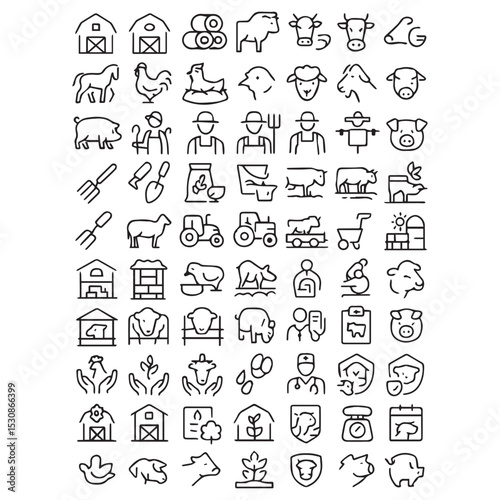 Farm Animals and Farming Equipment Icon Set: A Comprehensive Collection