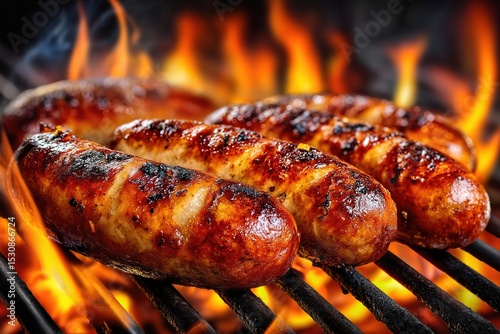 Sausages grilling on barbecue. Bratwursts over the hot coals and fire. Generative Ai photo