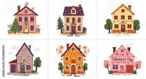 Colorful cartoon houses illustrations