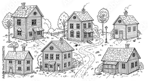 Hand drawn houses illustration set