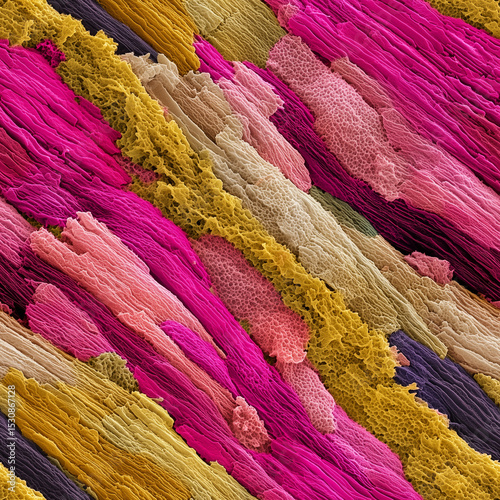 Seamless microscopic texture of human skin layers with fibrous and cellular patterns in vivid pink, yellow, and beige tones. Cross-sectional view shows tightly packed epidermal structures photo