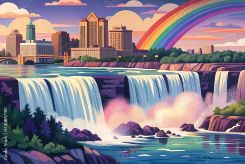 Vector panorama of Niagara Falls with mist and vibrant rainbow, capturing the power and beauty of this iconic natural wonder and travel destination