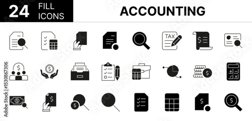 Collection of 24 Accounting fill icons featuring editable strokes. These outline icons depict various modes of Accounting, business, accounting, inspecting, report, tax, analysis, finance, account, bu