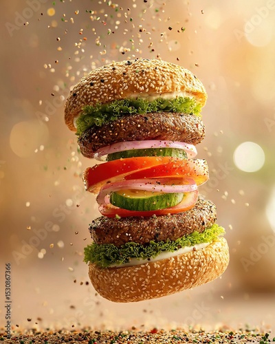 Hamburger with flying ingredients. Ai Generative