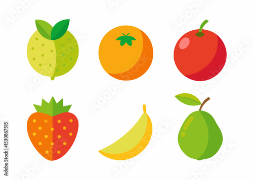 Flat design fruit icons set orange banana strawberry lime apple guava