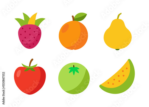Six colorful flat fruit icons strawberry orange pear tomato guava melon