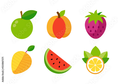 Flat design fruit icons guava apricot strawberry mango watermelon lemon