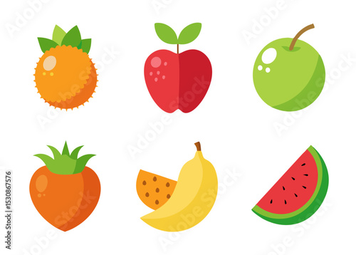 Six colorful flat fruit icons illustration