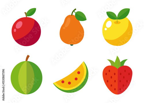 Flat design fruit icons apple pear orange guava strawberry watermelon