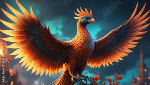 A vibrant cartoon parrot, a wild animal, is flying with colorful wings against a black background, not a dragon on the wall