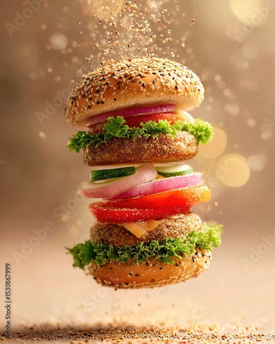 Hamburger with flying ingredients. Ai Generative