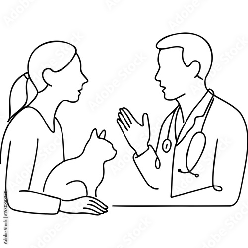 Pet owner discussing health with veterinarian while holding a cat  