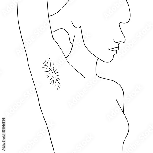 Woman with armpit hair illustrated in minimalist line art style  