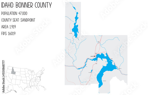 Large and detailed map of Bonner County in Idaho, USA.