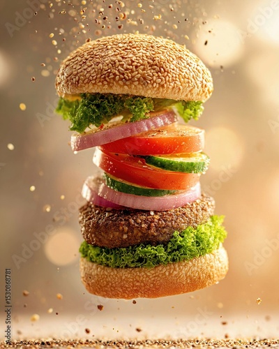 Hamburger with flying ingredients. Ai Generative