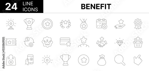 Collection of 24 Benefit line icons featuring editable strokes. These outline icons depict various modes of Benefit, reward, star, gift, bonus, line, loyalty, vector, incentive, coupon, money, winner,