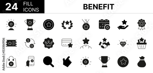 Collection of 24 Benefit fill icons featuring editable strokes. These outline icons depict various modes of Benefit, reward, star, gift, bonus, line, loyalty, vector, incentive, coupon, money, winner,