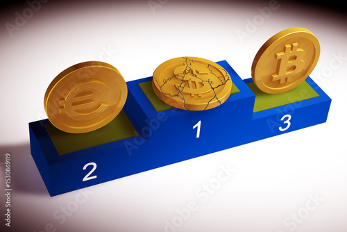 Three gold coins on a blue podium, the top coin with the inscription 