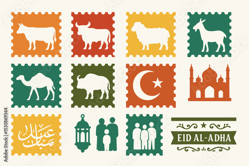 Eid al Adha Icons Set Islamic Festival Symbols Mosque Lantern Sheep Cow