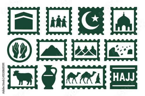 Hajj Icons Set Islamic Pilgrimage Symbols Kaaba Mosque Crescent Camel