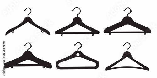 Illustration of six black clothes hangers with different designs arranged in two rows on white backdrop silhouette design vector