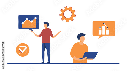 Two people analyzing data with charts and a gear icon indicating settings and checkmark for approval