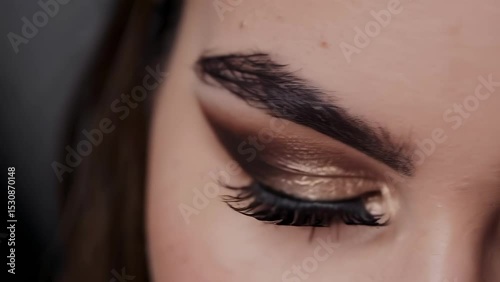 Detailed Close-Up of Eye Makeup with Glitter Eyeshadow and Defined Eyebrows on Female                