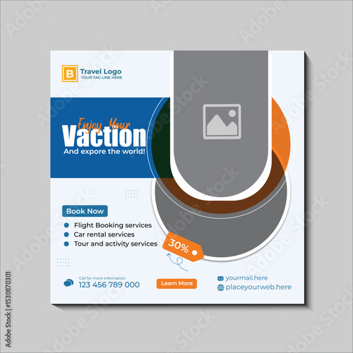 Attractive travel agency promotional social media template with booking information and discount offer
