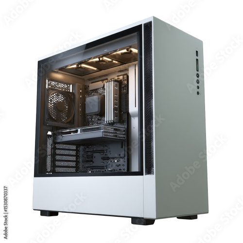 A detailed view of a white computer tower with visible internal components and glass side panel design
