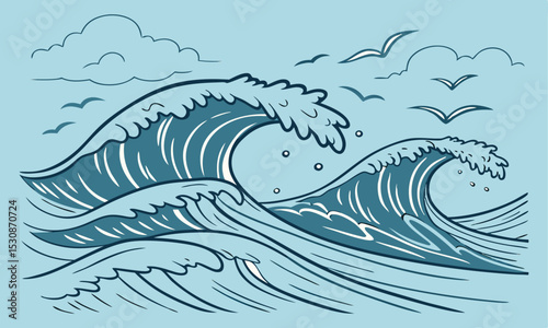 Ocean waves sketch sea tidal blue wave
set of sea shells vector illustration of an  in the sea