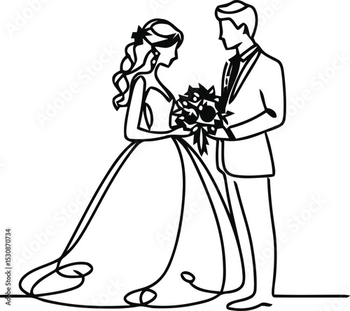 romantic couple in continuous line drawing minimalist, simplicity contour,