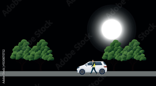 Wear light or reflective clothing at night.Road worker walking on a road at night near his car with reflective vest and full moon