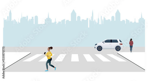 Crossing at unauthorized places.Woman running on crosswalk while distracted by phone, car waiting
