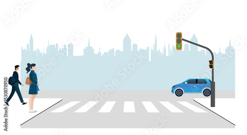 Respecting pedestrian traffic lights.Students crossing the street at the pedestrian crossing with green traffic light and car stopped
