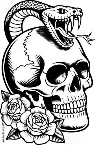 Skull with Coiling Serpent and Roses- Traditional Tattoo Style Black And White Illustration.