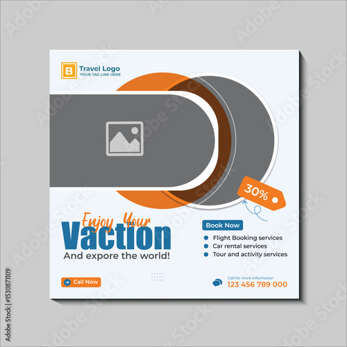 Modern travel agency advertising template with discount offer for booking travel packages