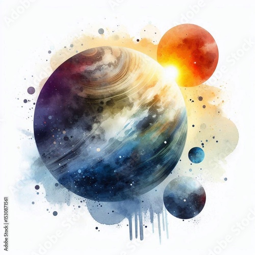 Fantasy Watercolor Planets Isolated on White. AI generated illustration