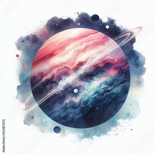 Pastel Space Planets in Artistic Watercolor Style. AI generated illustration