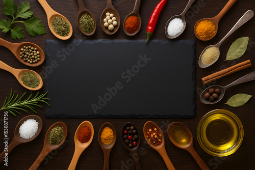 Assortment of Spices and Herbs Arranged on Wooden Spoons, a Flavorful and Aromatic Collection for Culinary Creations photo