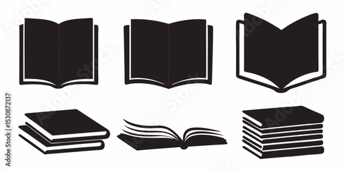 Collection of black and white book illustrations in various open and closed positions on a white background silhouette design vector