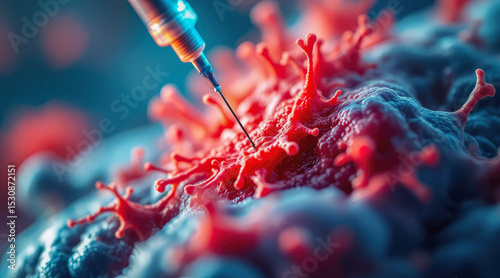 A close-up digital illustration of a syringe injecting a red coronavirus particle, symbolizing vaccination or medical intervention against COVID-19.