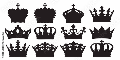 Collection of twelve different silhouette style crowns with varying designs and embellishments design vector