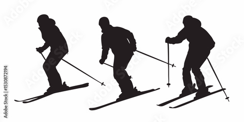 Three skiers in silhouette performing downhill skiing on a white background in a winter scene design vector