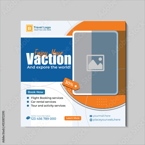 Travel agency advertisement promoting vacation packages and services with call to action.