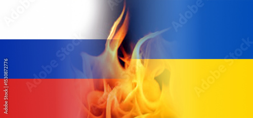Conflict, war in Ukraine. Ukraine and Russian flags with flames between.