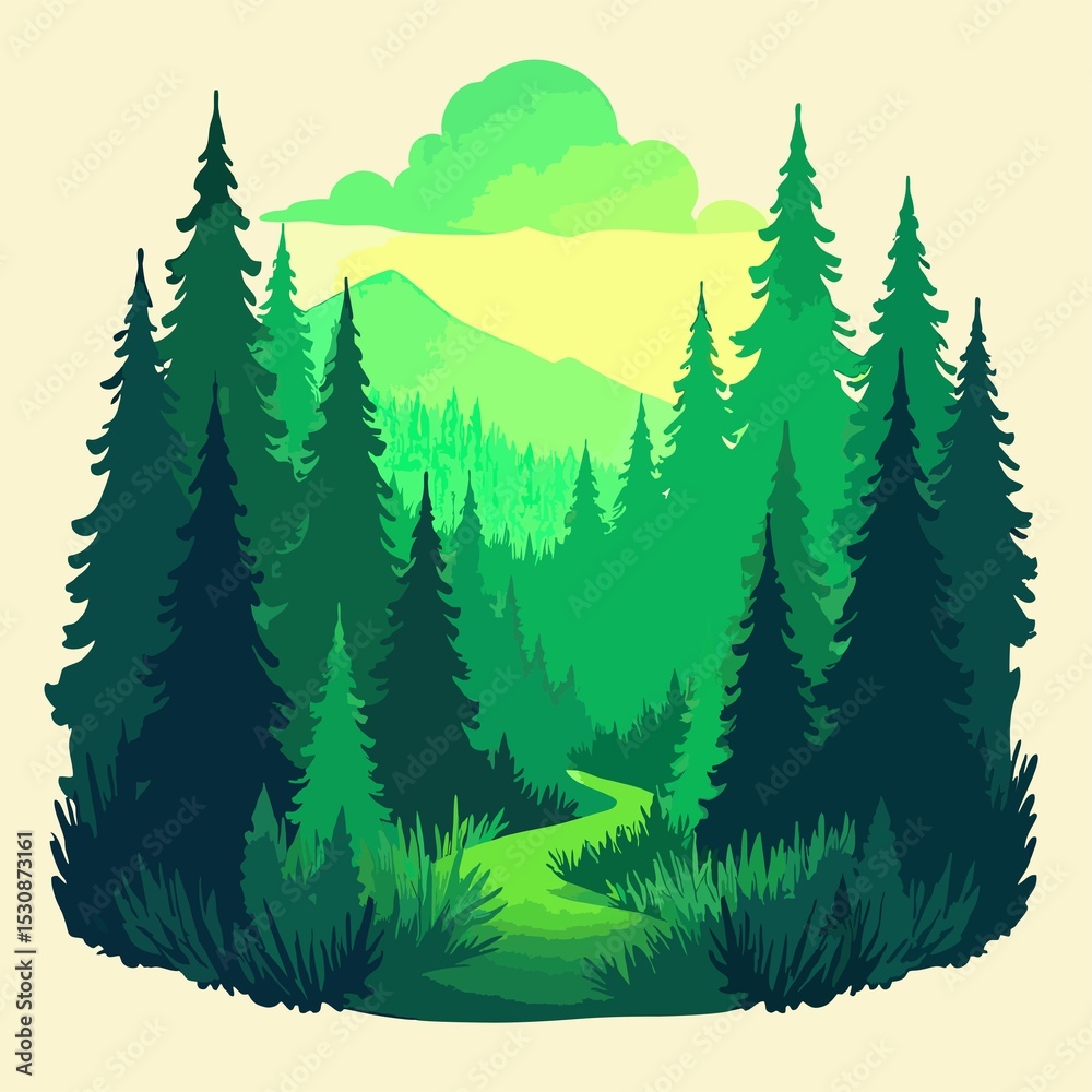 Obraz premium color illustration of a pine forest where there is a path in the sky clouds